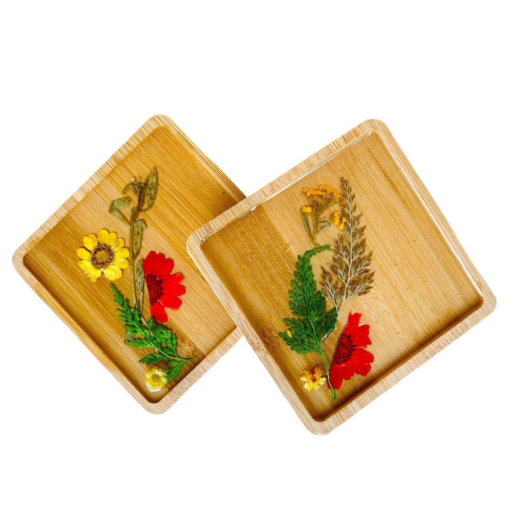 Resin coaster - WOODEN BASE WITH FLOWERS(2 pieces)