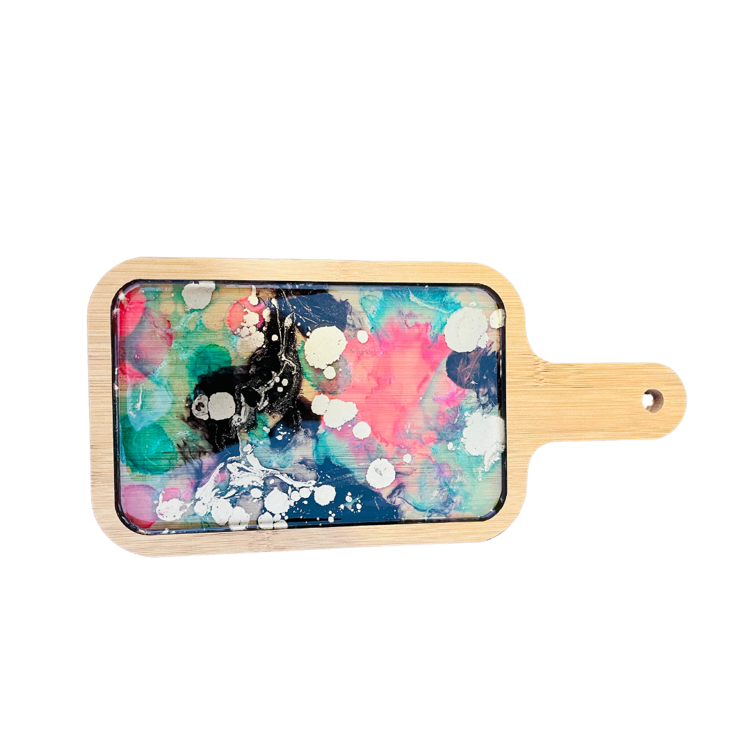 Resin alcohol ink serving Tray- wooden base