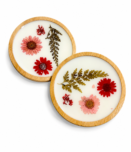 Floral Resin coaster - WOODEN BASE WITH FLOWERS(2 pieces) round