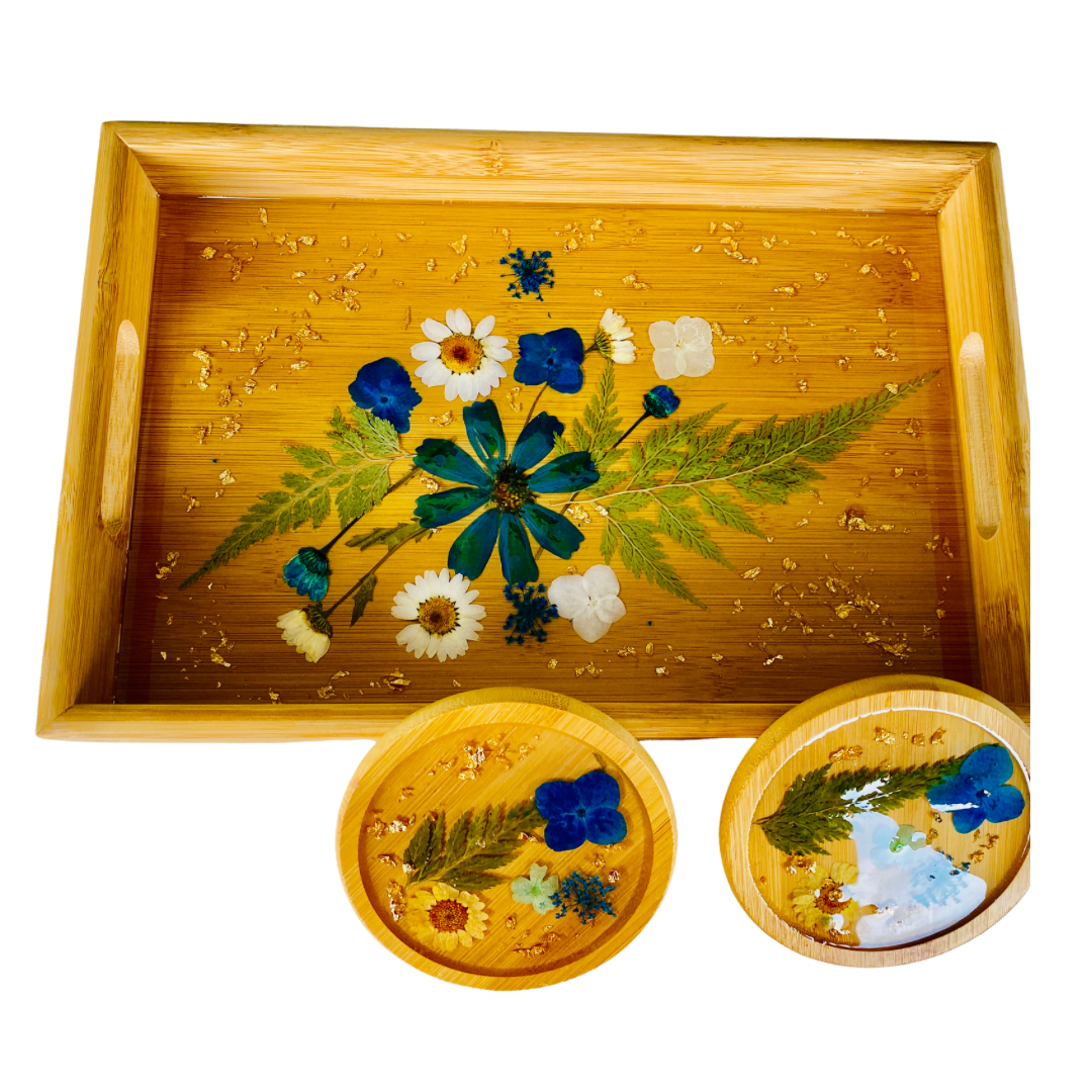 Resin floral tray with 2 coasters