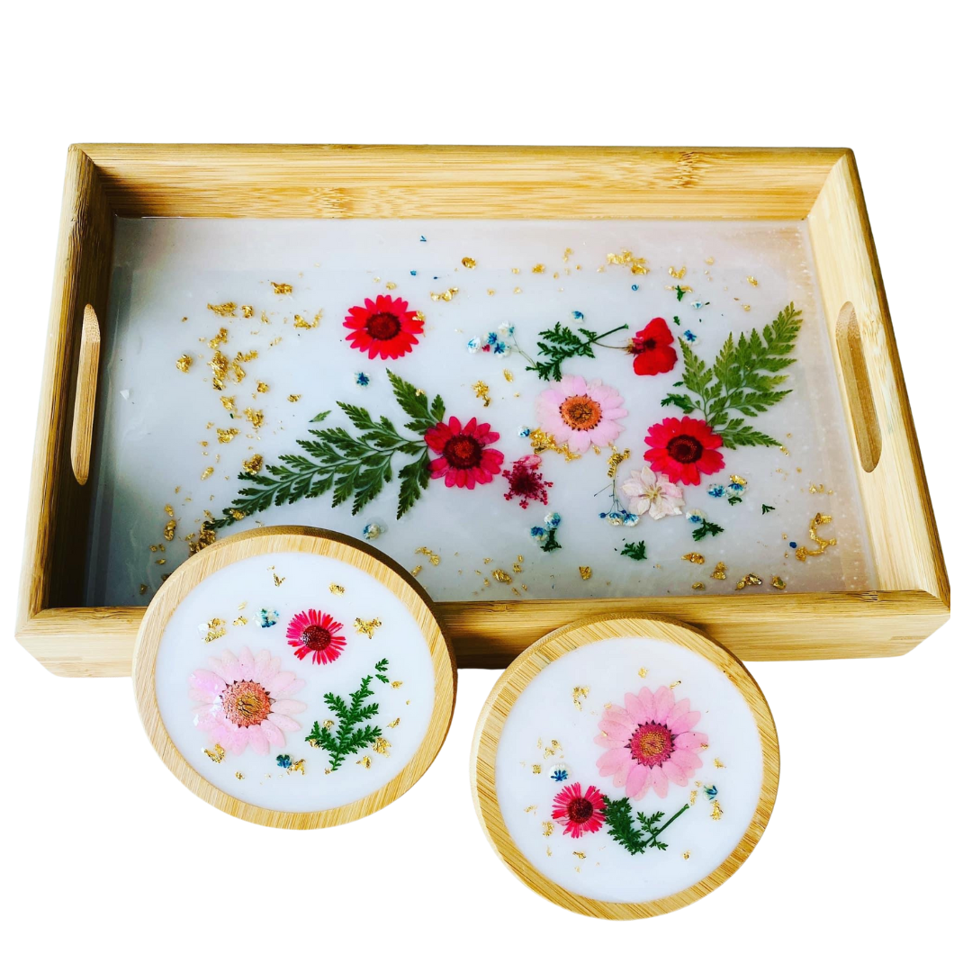 Resin floral tray with 2 coasters